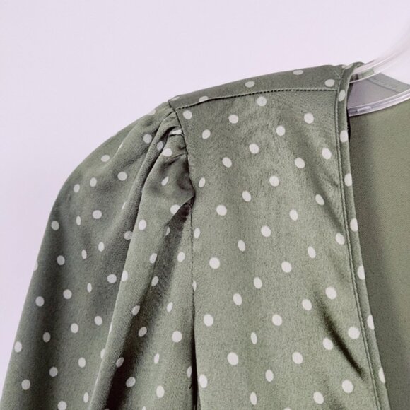 Guess Womens Faux Wrap V-neck Polka Dot Satin Blouse in Green - Picture 5 of 5